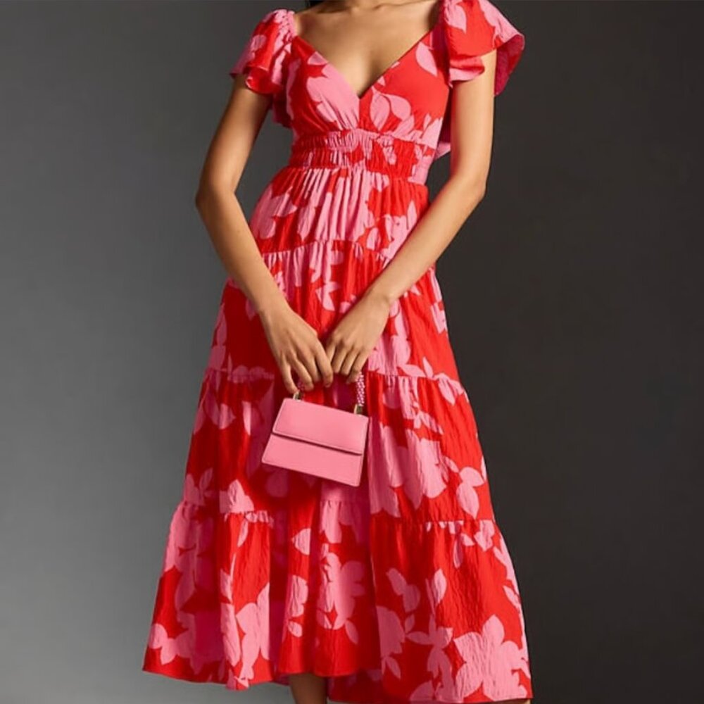 Anthropologie SIZE 2X Silverlake Flutter Short Sleeve Midi Maxi Dress Red Pink